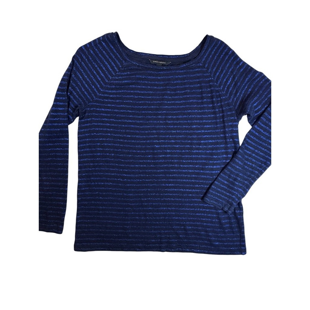 Banana Republic Sweater Women Small Navy Blue‎ Striped Foil Boat Neck Raglan